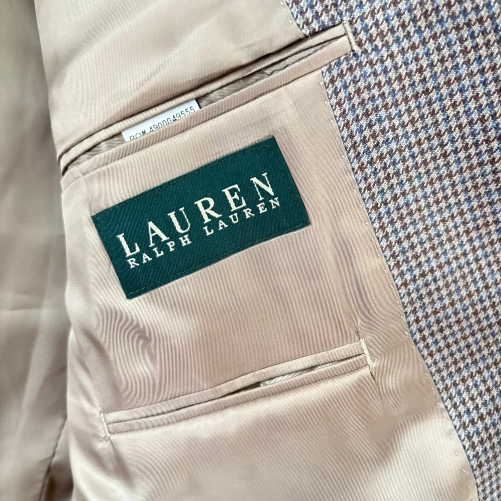 Lauren‎ Ralph Lauren Mens Houndstooth Blazer Tan Brown Blue Sport Coat 2 Button